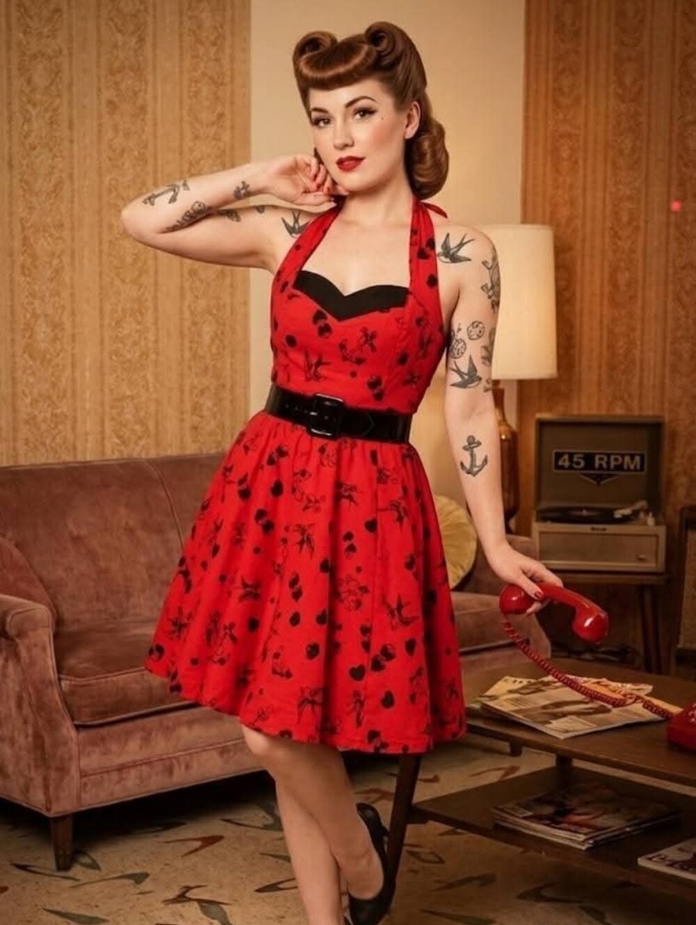 Vintage-Inspired Red Halter Swing Dress with Black Accents